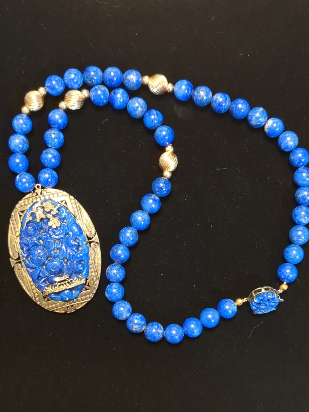 Sodalite Bead and Carved Sodalite Pendant Necklace